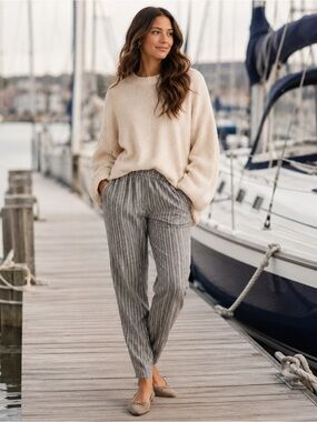 MARINE LAYER LOOSE COMFY STRETCH STRIPED NOTCHED CURVED ANKLE PANTS SZ L